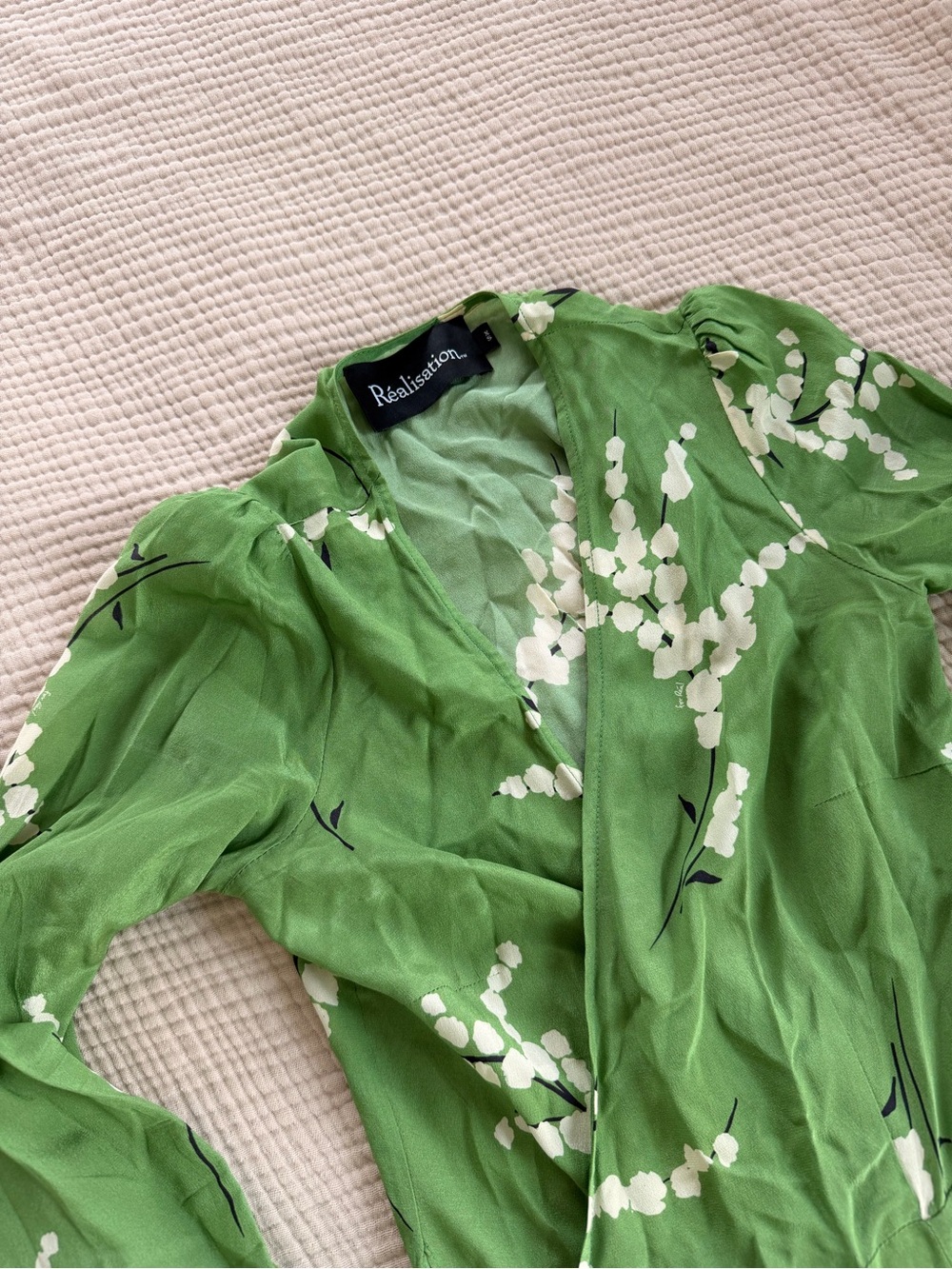 Realisation Par Green Floral Wrap Dress with White Blossom Print